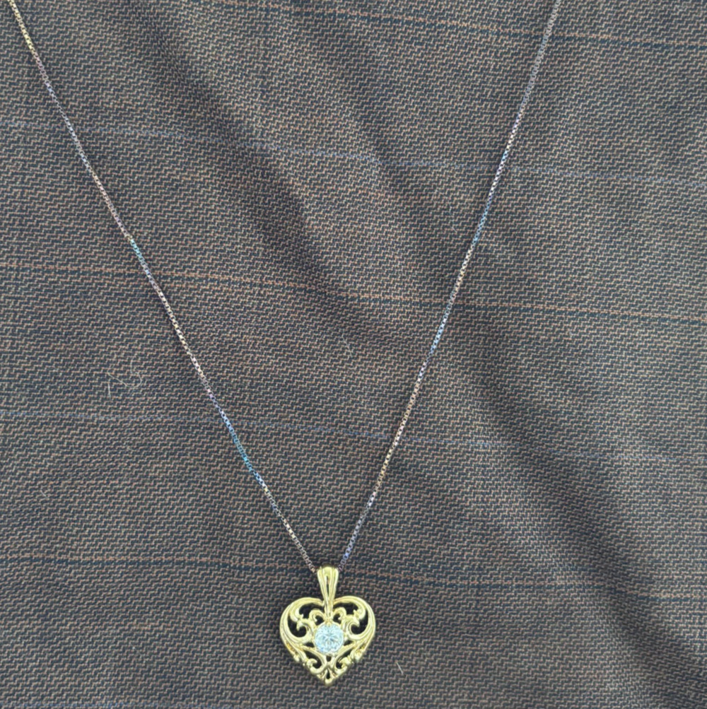 Technibond 18K Gold Bonded 925 Sterling Silver Filigree Heart Necklace 18" CZ